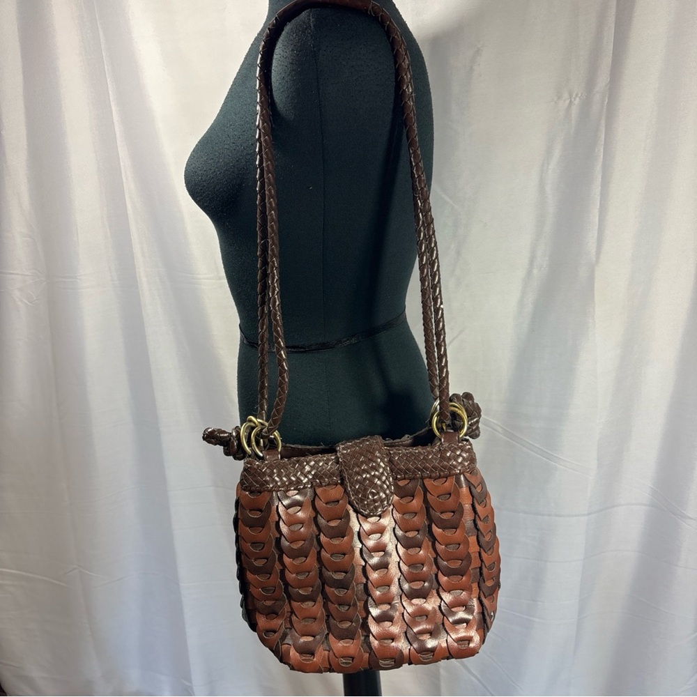 Boho hippie Brown Woven Shoulder Bag chain link braided cross body Vintage 60s